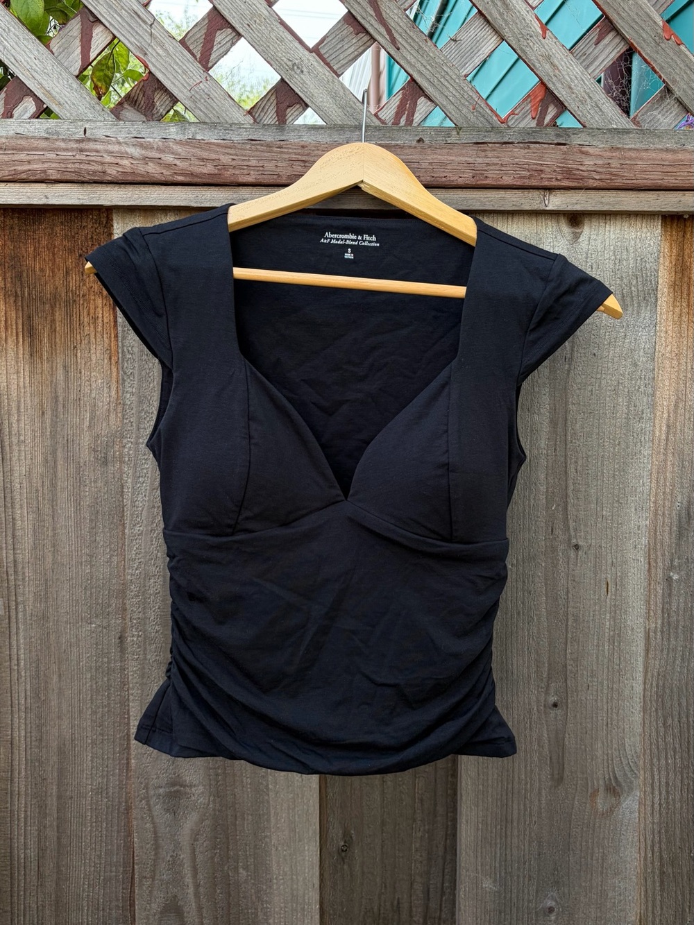 Abercrombie & Fitch Black Cap-Sleeve V-Neck Top with Ruching